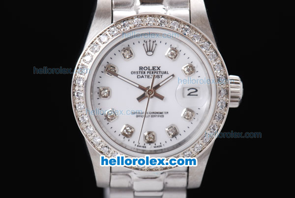 Rolex Datejust Oyster Perpetual Automatic Full White with Diamond Bezel and Diamond Marking-Lady Size - Click Image to Close